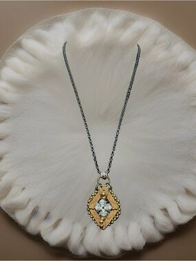 Handcrafted Wood & Crystal Pendant Necklace Bronze Tone 30” Chain + Extender